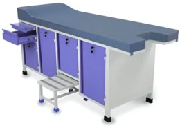 Examination Table Bed with Storage Medical examination table bed with cushioned top and built-in storage cabinets for hospital use