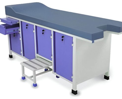 Examination Table Bed with Storage Medical examination table bed with cushioned top and built-in storage cabinets for hospital use
