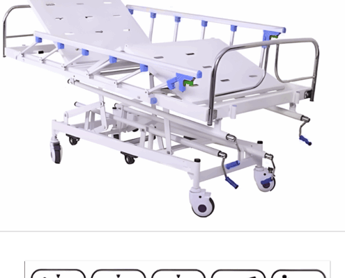 3 Function Adjustable Hospital Cot Three-function hospital cot with adjustable head, leg, and height sections