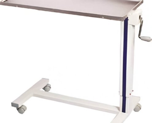 Adjustable bedside table Adjustable bedside table with stainless steel frame and laminated top for hospital use