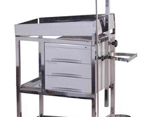 BABY TROLLEY Stainless steel baby trolley with protective side rails and mattress for hospital use